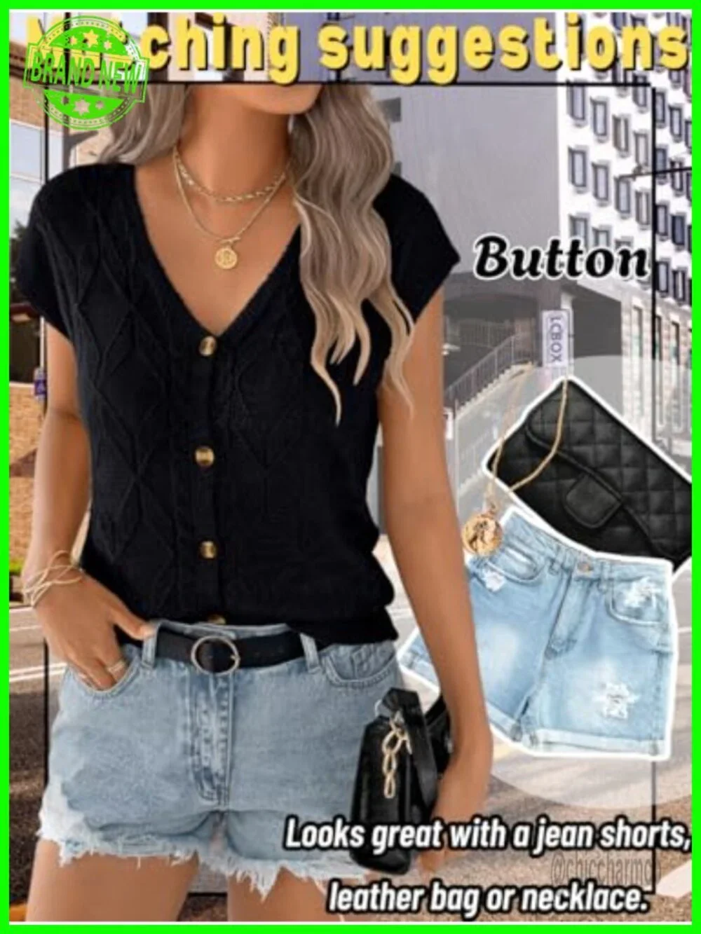 Cap Sleeve V Neck Argyle Cable Knit Button Down Sweater Vest Cardigan Top